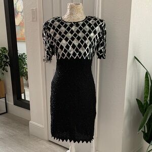 Vintage Lawrence Kazar | New York Black Beaded Sequin Silk Cocktail Dress | Sz M